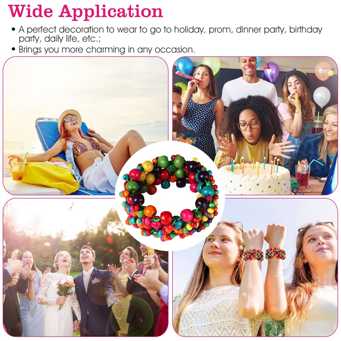 Multi-Color Wooden Beaded Stretchy Bracelet Colorful Exotic Style Elastic Bracelets For Women Girls Children
