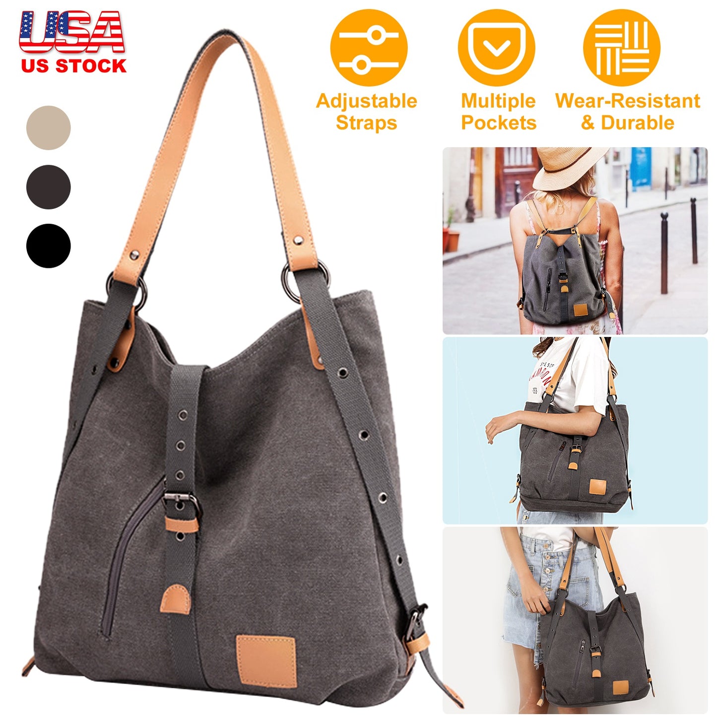 Ladies Canvas Tote Bag Multifunctional Purse Handbag Adjustable Shoulder Rucksack Convertible Backpack Wear-Resistant Dirt-Proof For Women School Offi
