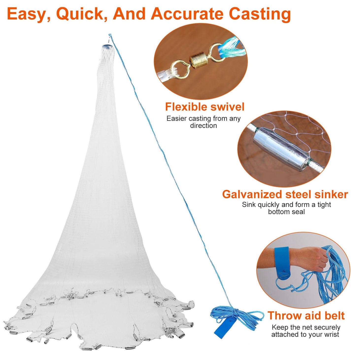 6ft Radius Fishing Cast Net Bait Trap Easy Throw Heavy Duty Hand Cast Net with Chain Sinker Bottom Spread