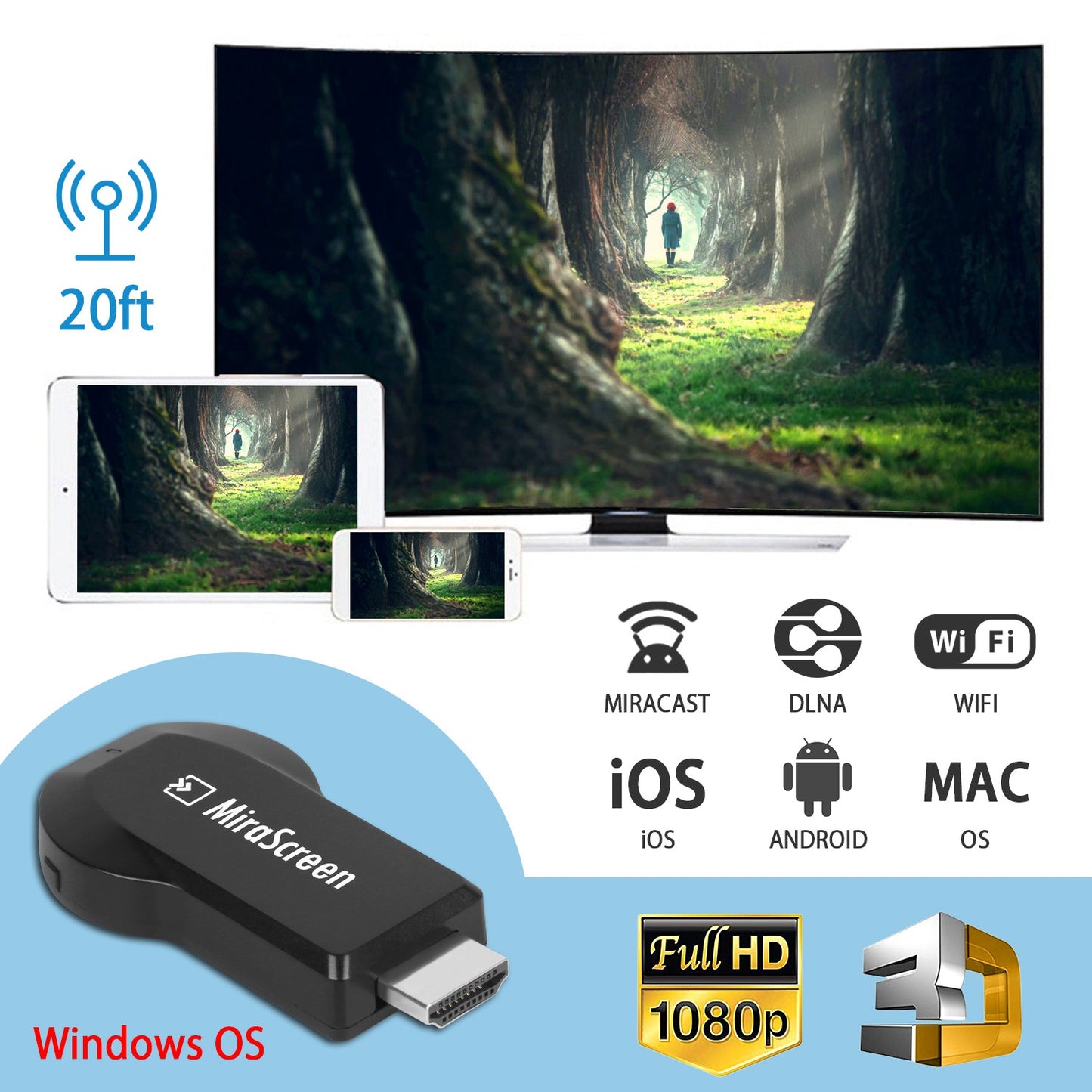 1080P Wireless Display Adapter Miracast Dongle for Android IOS TV Streaming Media Player