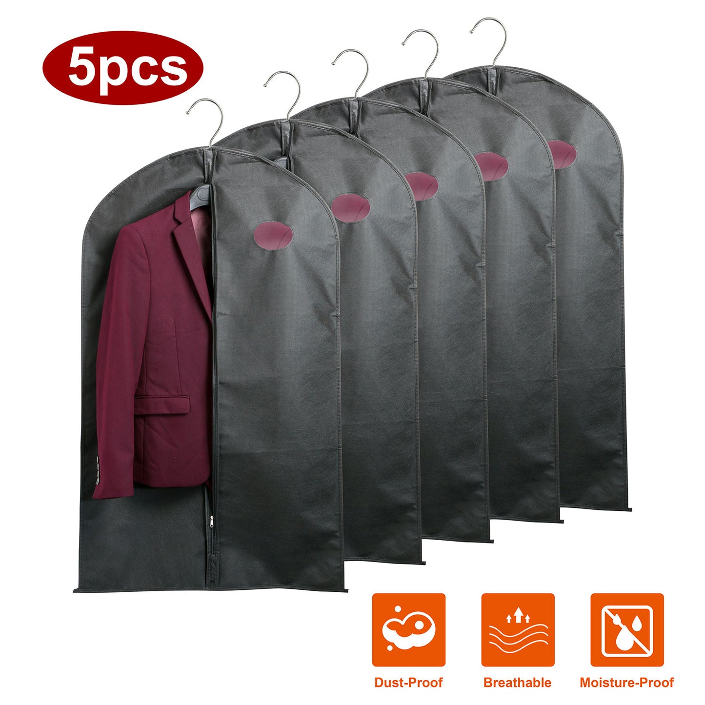 5pcs 39" Garment Bags Hanging Suit Bags Covers Breathable with Full Zipper Transparent Window for Suit Dress Coat Storage Travel Use