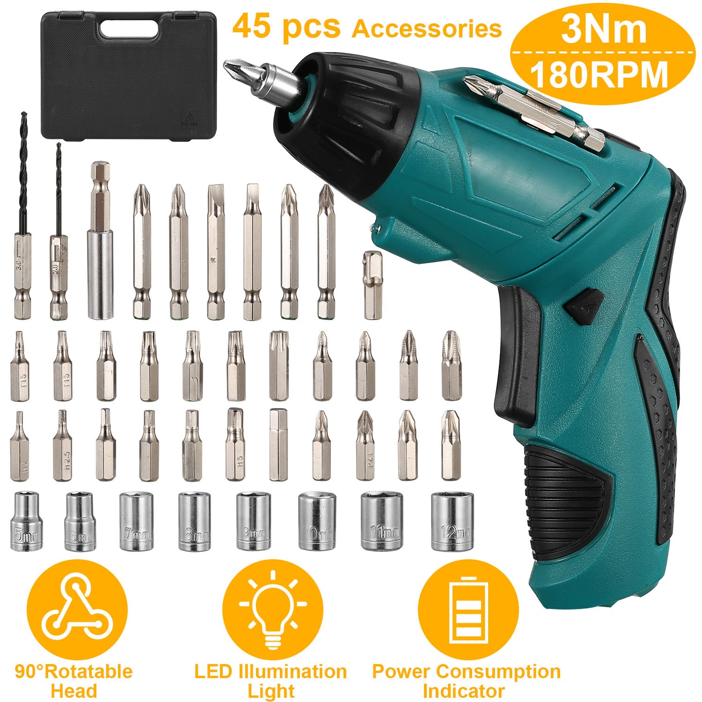 Cordless Electric Screwdriver Set Rechargeable 4.8V Drill Driver w/45 Drill Bits Carrying Case