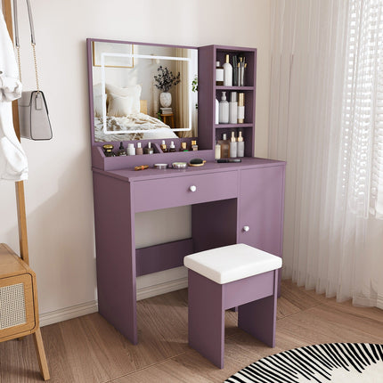 Purple Vanity Desk with Lighted Mirror & Padded Stool