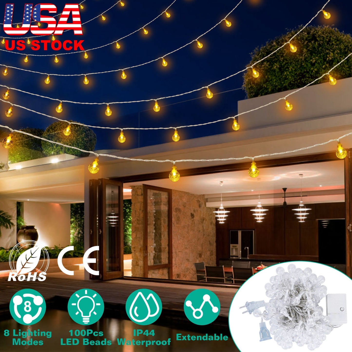 32.8Feet Globe String Lights 100 Ball LED Fairy Lamps IP44 Waterproof Decorative Lights with 8 Lighting Modes for Garden Lawn Patio