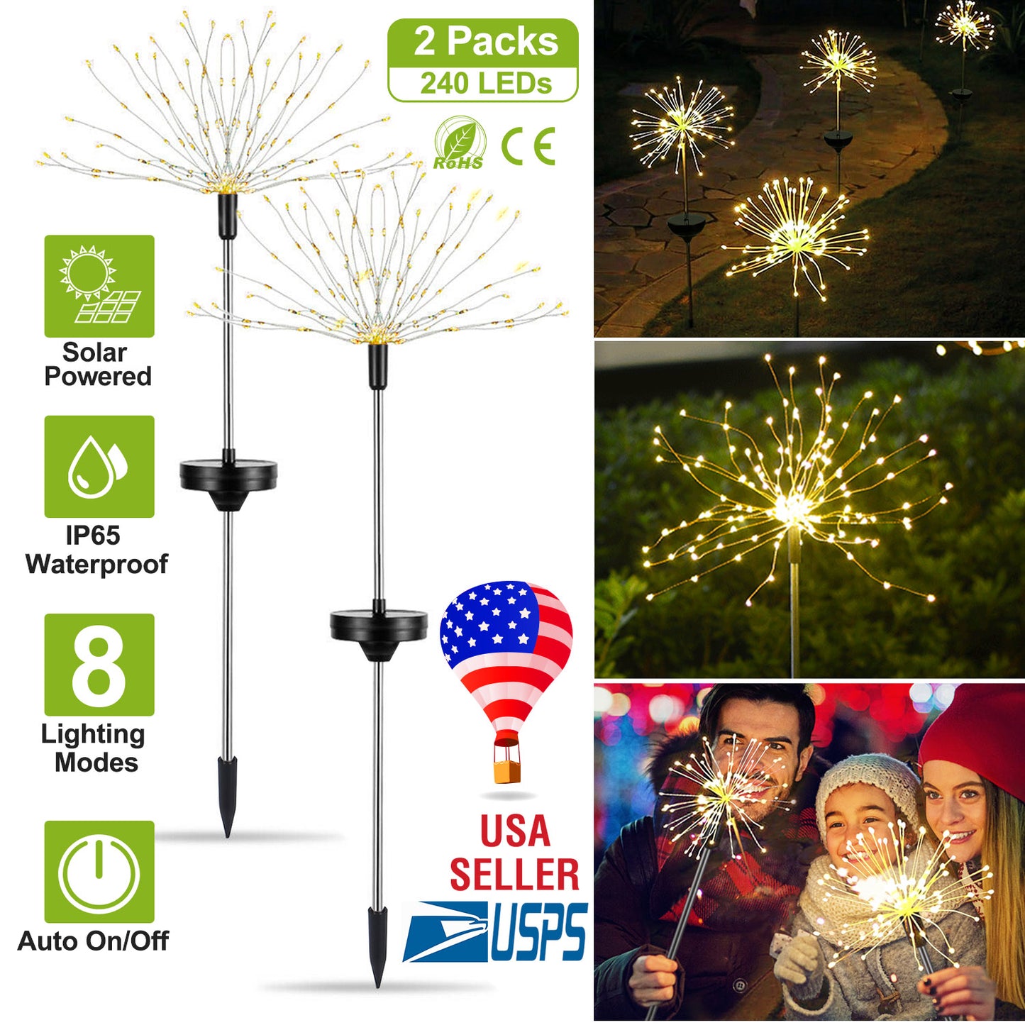 2Pcs Solar Powered Starburst Lights 240 LEDs Firework Lamp Garden Path Decor Lights