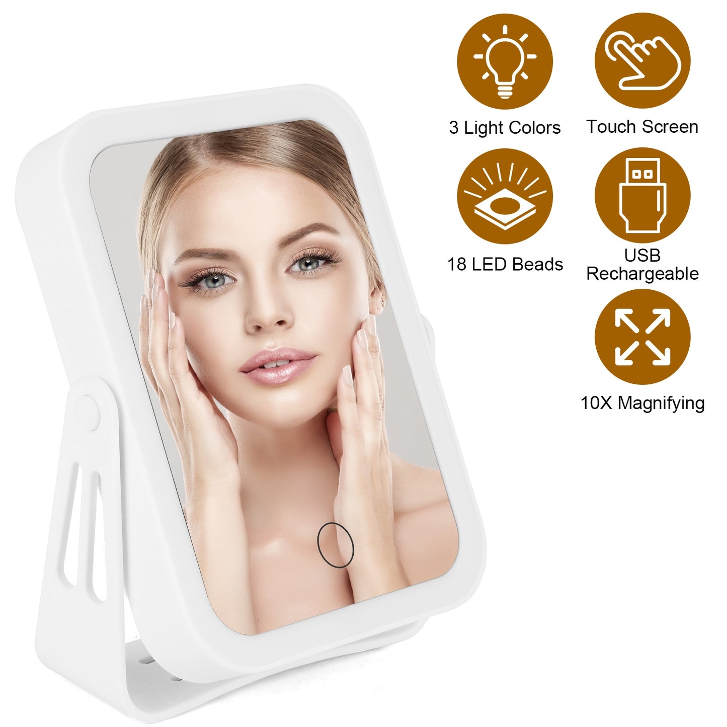 10X Magnifying Lighted Makeup Mirror Double Sided Travel Makeup Mirror with 3 Light Colors Touch Screen USB Rechargeable
