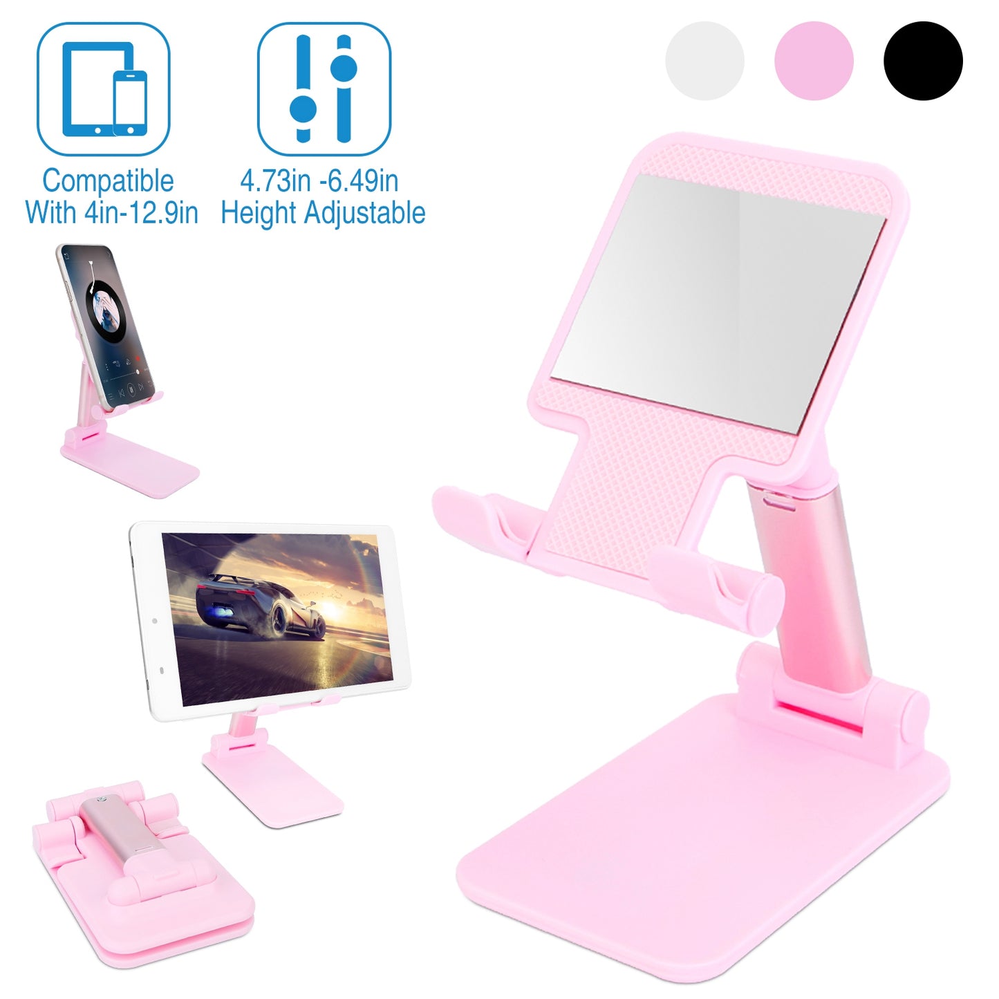 Foldable Desktop Phone Stand Angle Height Adjustable Tablet Holder Cradle Dock w/ Mirror Fit For 4-12.9in Device