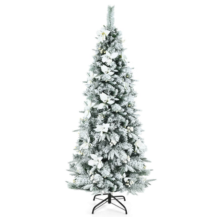 Snow Flocked Christmas Pencil Tree with Berries and Poinsettia Flowers