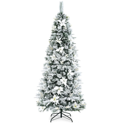 Snow Flocked Christmas Pencil Tree with Berries and Poinsettia Flowers