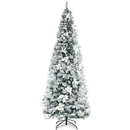 Snow Flocked Christmas Pencil Tree with Berries and Poinsettia Flowers