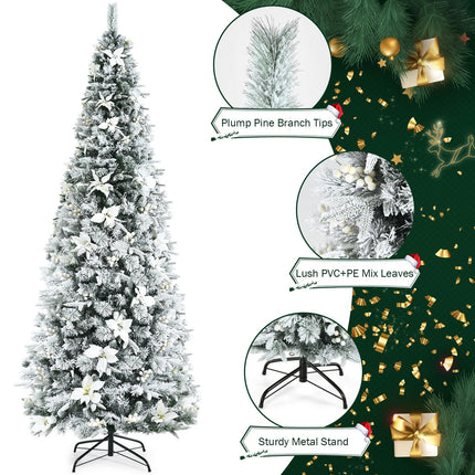 Snow Flocked Christmas Pencil Tree with Berries and Poinsettia Flowers