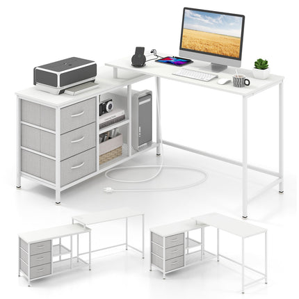 L-shaped Computer Desk with Power Outlet for Working Studying Gaming
