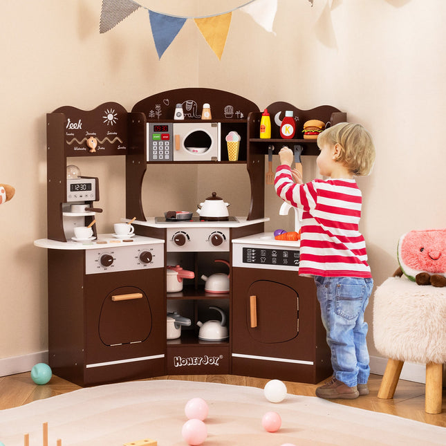 Corner Wooden Play Kitchen with Coffee Machine and Slide for Kids