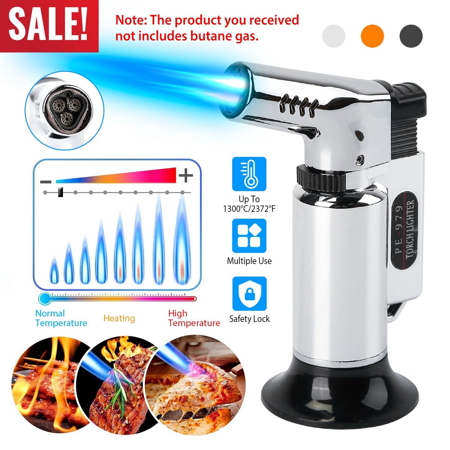 Culinary Butane Torch Lighter Refillable Blow Torch Flame Adjustable Flame Kitchen Cooking BBQ Torch w/ Fire Lock (Gas Not Included)