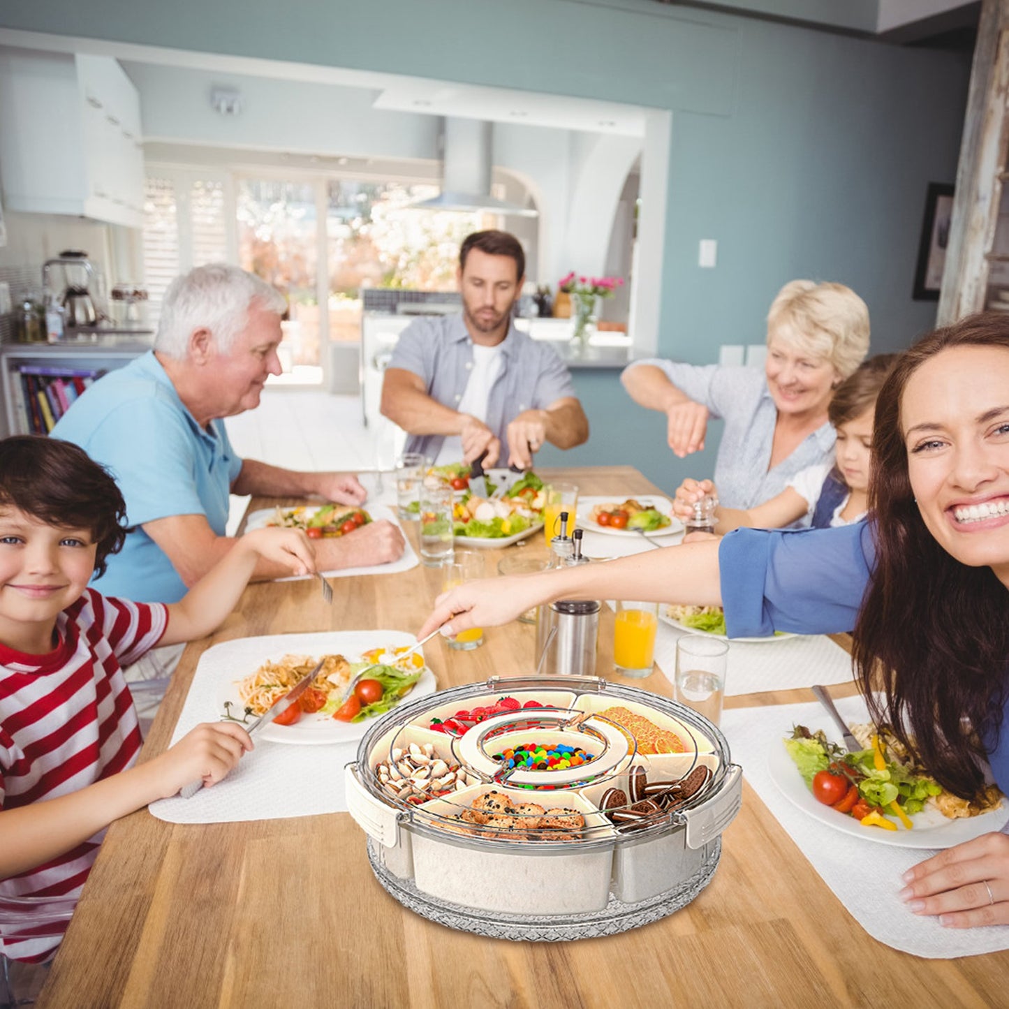 2Pcs Divided Serving Tray with Lid and Handle 360¡ Rotatable Snack Box Container with 6 Dividers Clear Portable Snack Platters for Fruit Candy Nut Sna