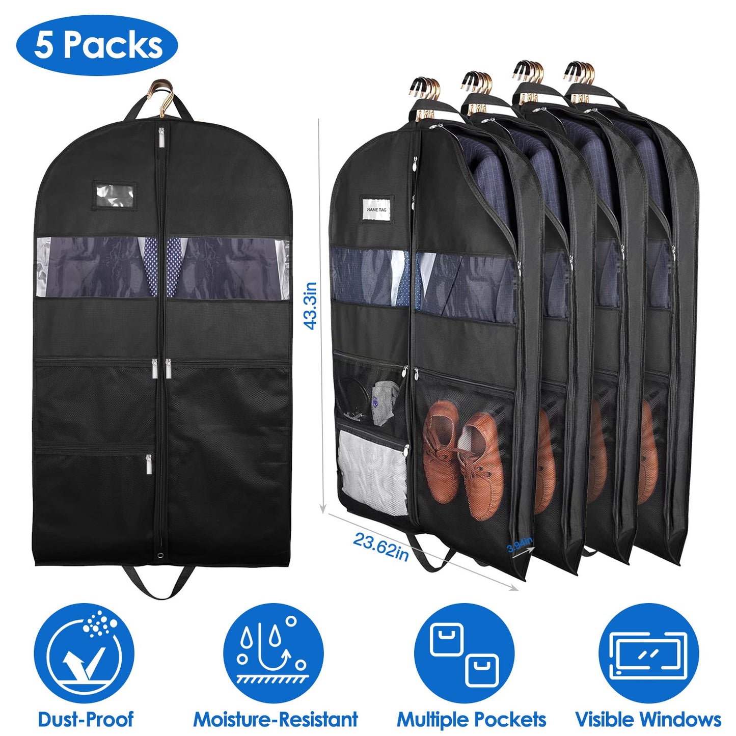 5 Packs Garment Bags Breathable Suit Bag Washable Clothes Cover Protector with Handles for Suits Coat Shirts T-shirts Jackets Dress for Adults Childre