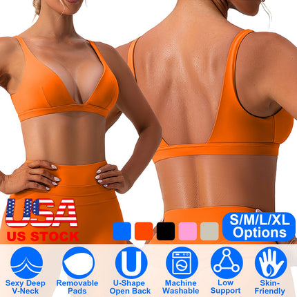 Women Deep V-Neck Sports Bras U-Shaped Back Sport Bras Padded Strappy Crop Open Back Low Impact Bras Sexy Fitness Tank Tops with Removable Pads for Gy