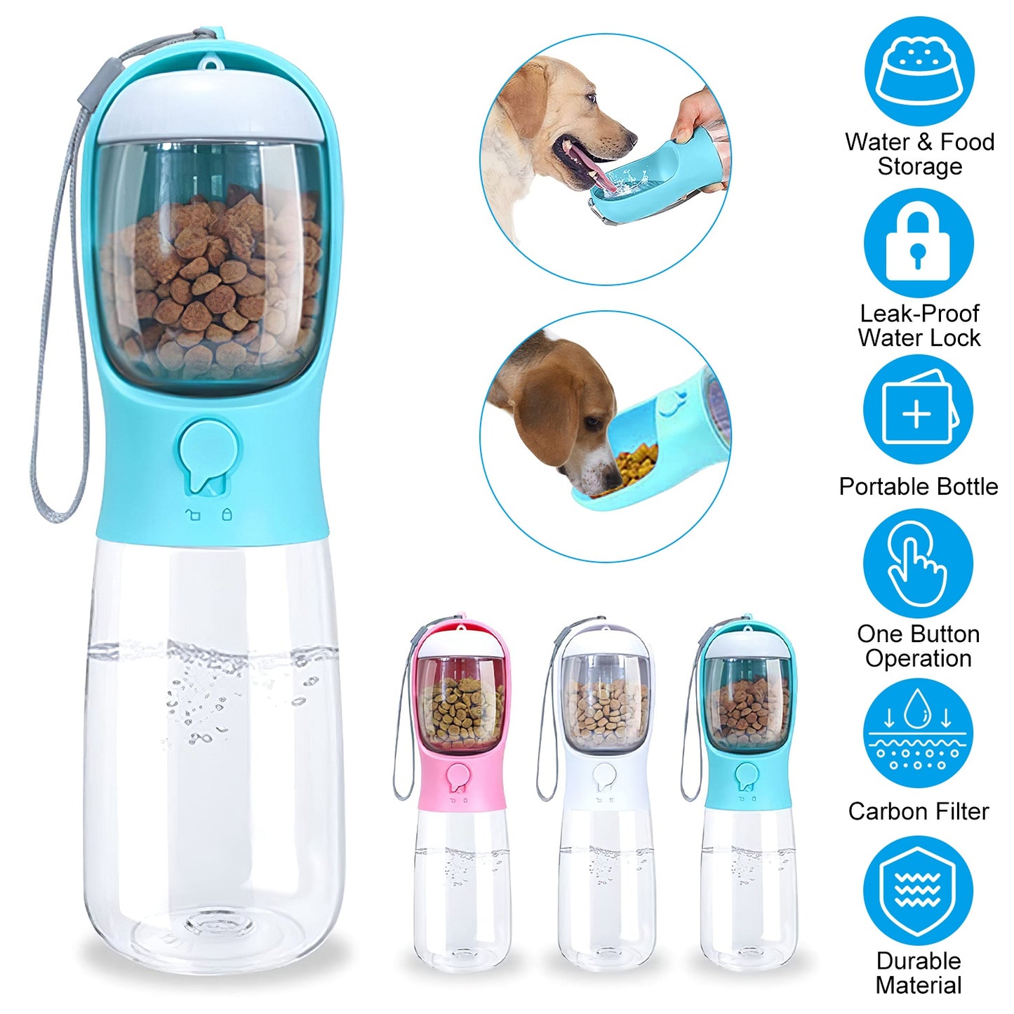 18.6OZ Portable Dog Water Bottle Pet Water Dispenser with Detachable Food Container Leak-Proof Lock Design for Dog Walking Traveling Hiking Outdoor Ac