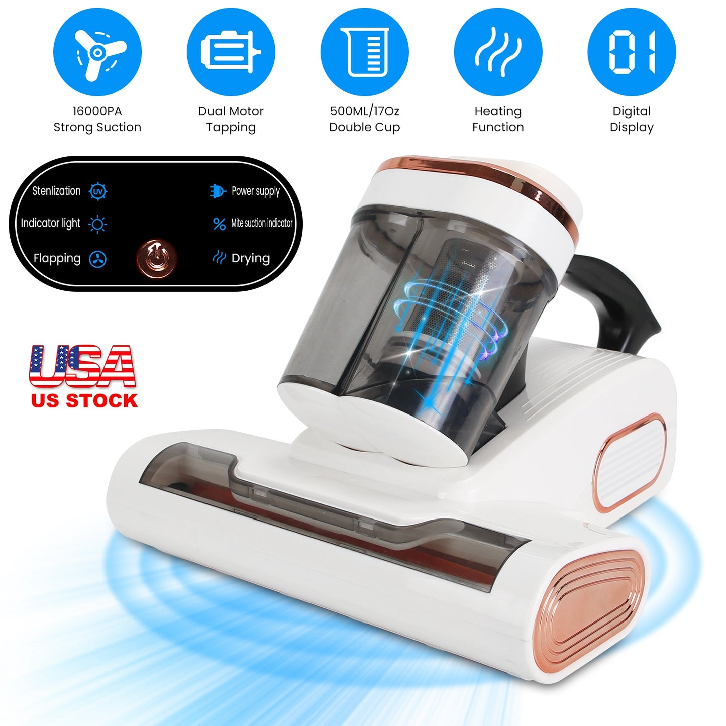 16000PA Double-Cup Bed Vacuum Cleaner 500W Mattress Handheld Vacuum Dust Mites Remover with Heating Function for Bed Sofa Rug