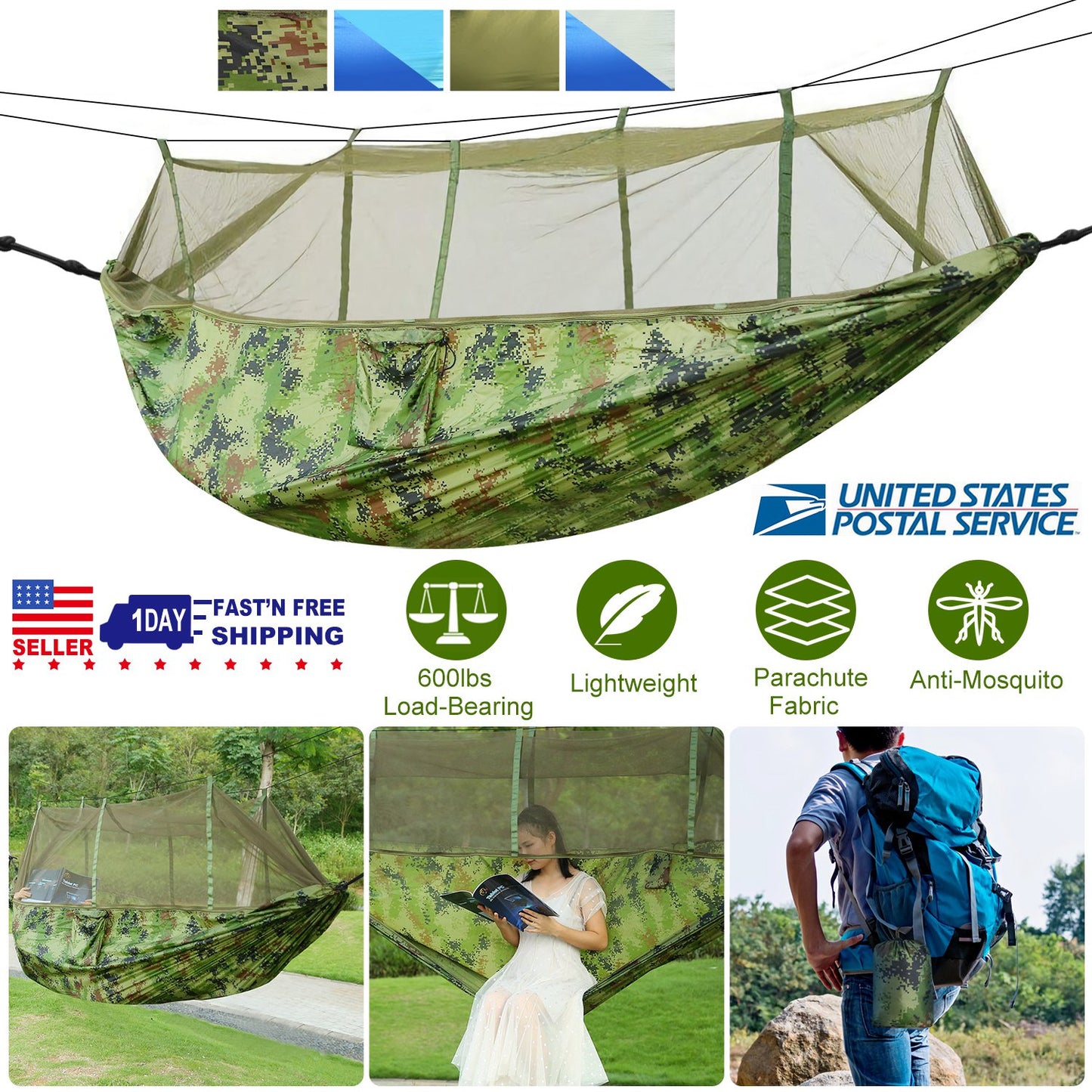 600lbs Load 2 Persons Hammock w/Mosquito Net Outdoor Hiking Camping Hommock Portable Nylon Swing Hanging Bed w/ Strap Hook Carry Bag