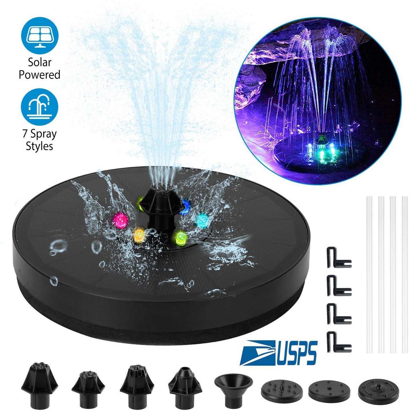 Solar Powered Fountain Pump Floating Bird Bath Pond Pump w/ LED Lights 7 Nozzles For Aquarium Garden Backyard Pond Pool Outdoor