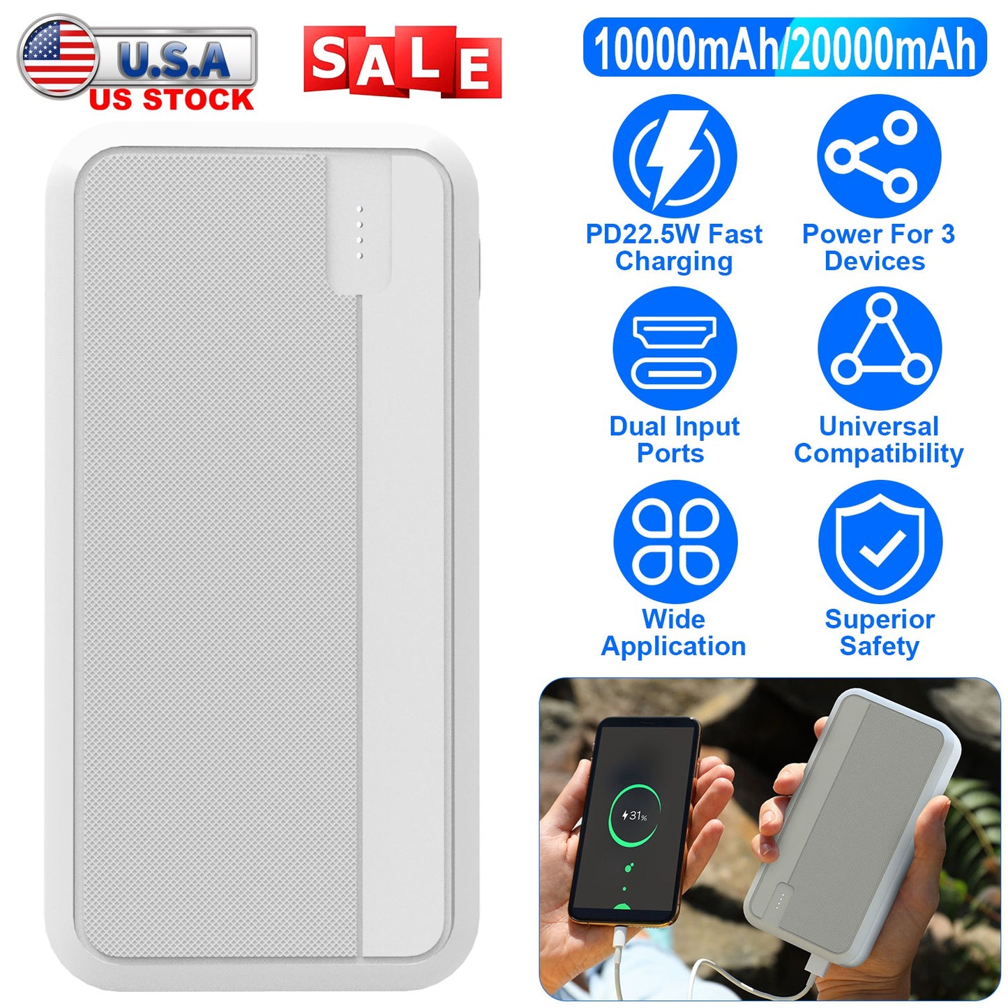 20000mAh PD22.5W Fast Charging Power Bank Fast Charger Portable Phone Charger with Type-C USB Cable Fit For IOS Phone 15/14 Samsung Galaxy S24 And Mor