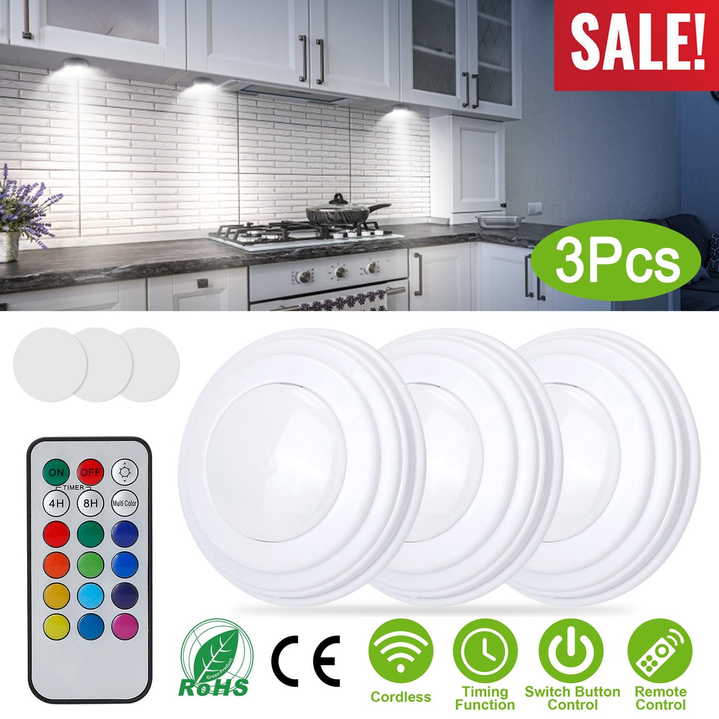 3Pcs RGB Cabinet Lights Remote Control Under Closet Stick On Lamp Multi Color LED Light Light w/ 4/8Hrs Timer