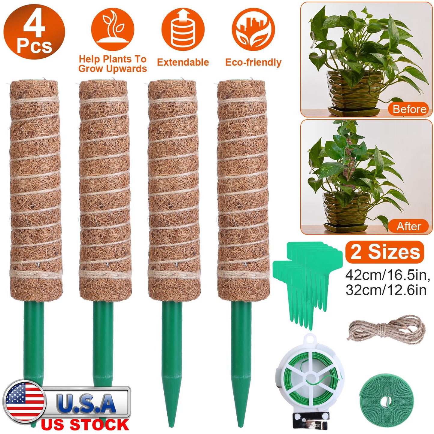 4Pcs Coco Coir Extendable Moss Pole for Climbing Plants Plant Support with 10 Labels 6.6Feet Jute Rope 6.6 Feet Fasten Strap 65.6 Feet Twist Tie Indoo