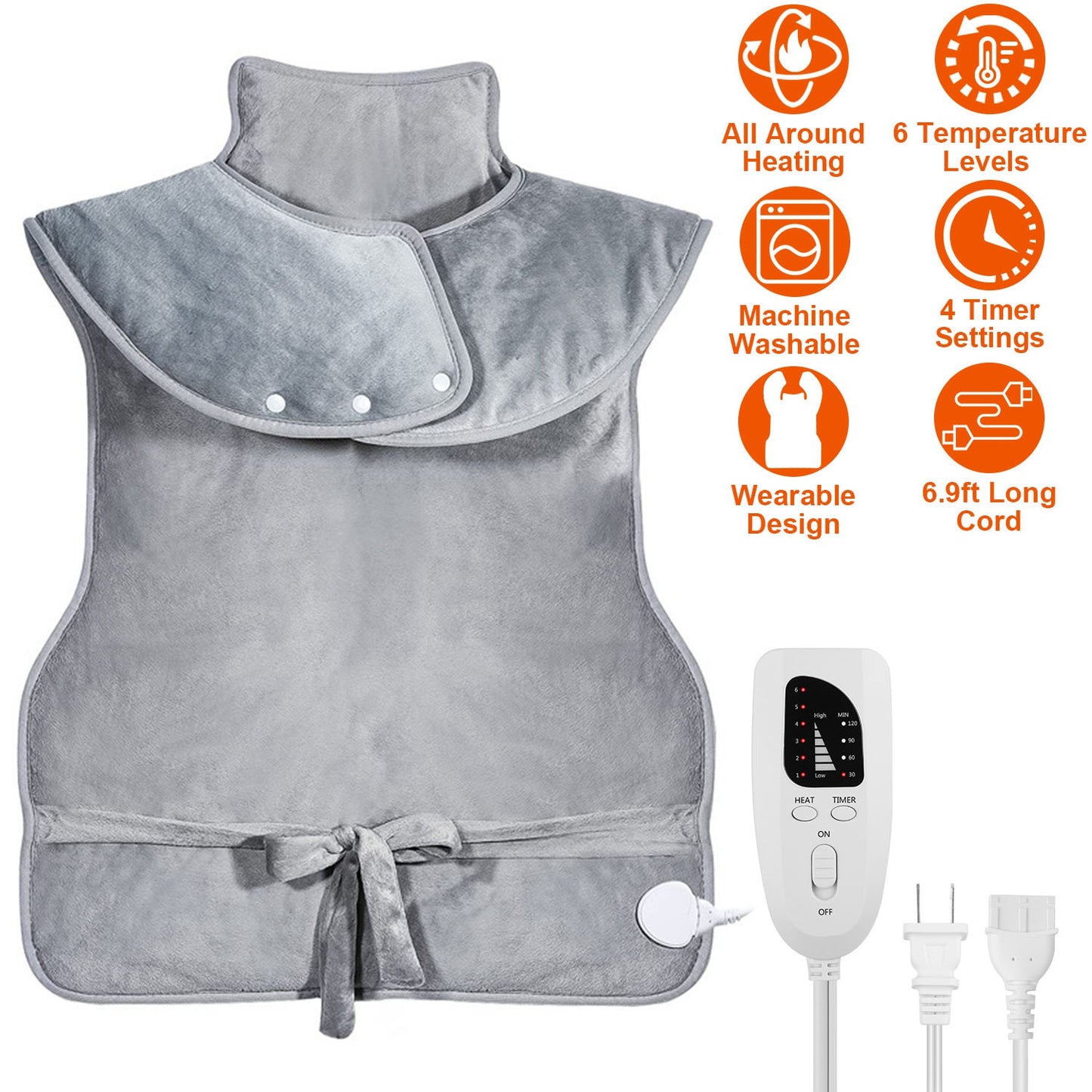 36.6x22in Electric Heating Wrap for Neck Shoulder Fast Heating Pad Mat Heated Neck Wrap for Back Pain Relief with 6 Temperature Settings 4 Timer Modes