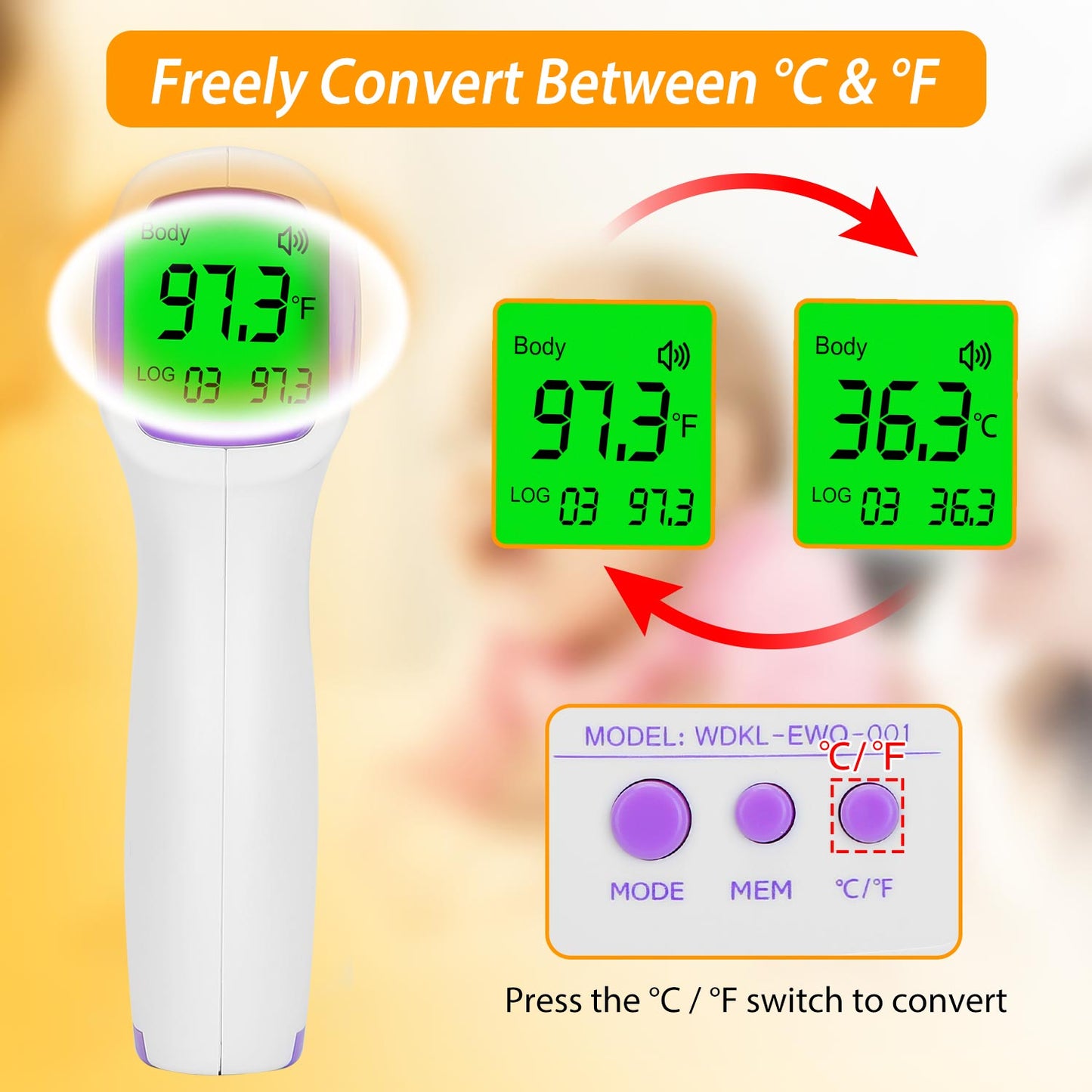 Digital Infrared Thermometer Non-contact Forehead Body Thermometer Surface Room Instant Accurate Reading w/ 32 Memories