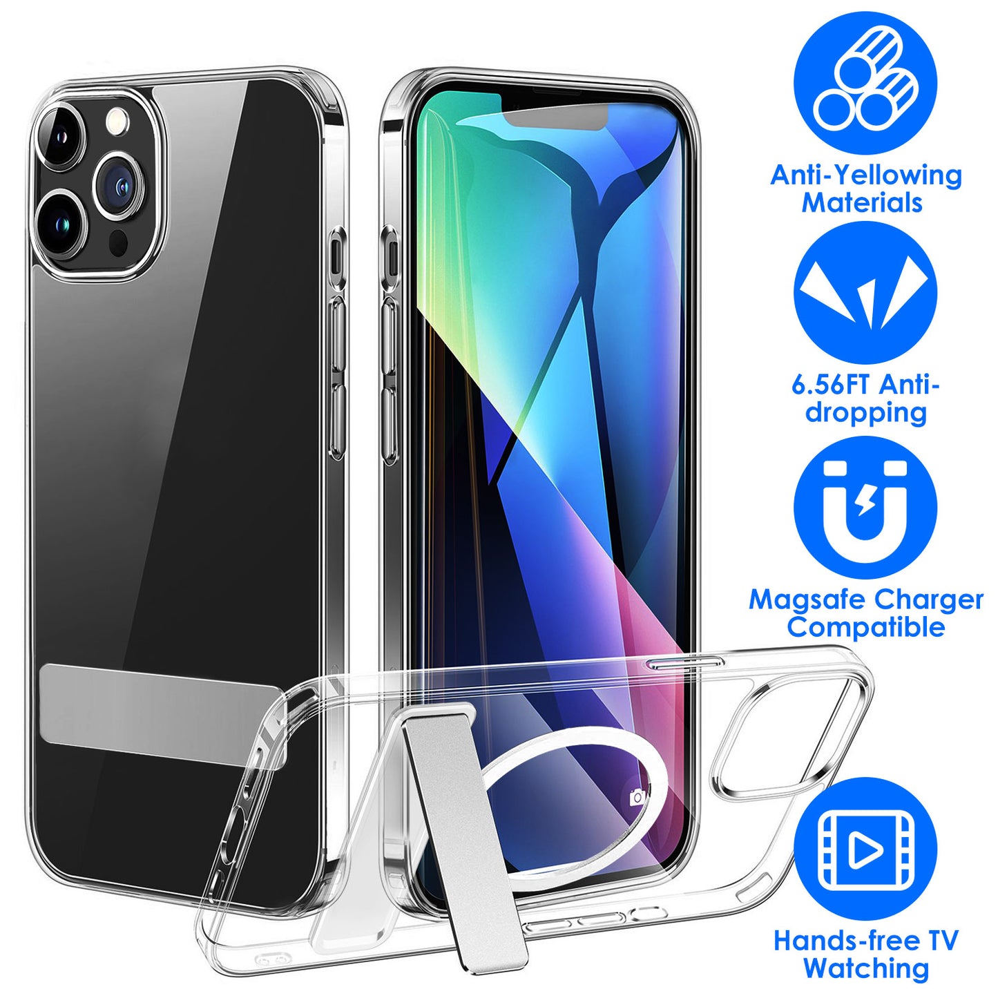 Magnetic Metal Kickstand Clear Case Shockproof Anti Yellowing Phone Cover Compatible with Magsafe Fit for IOS Phone 14