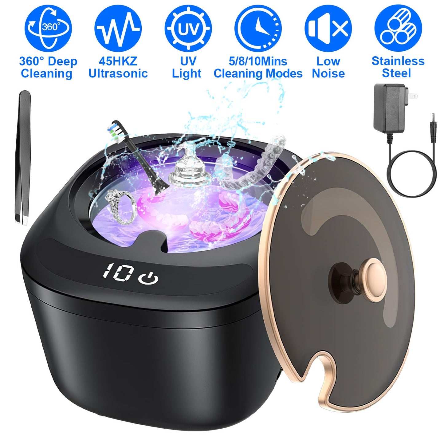 Ultrasonic Retainer Cleaner 45kHz Ultrasonic Cleaning Machine with 3 Modes 230ML Capacity UV Light for Denture Mouth Guard Aligner Dental Trays Braces