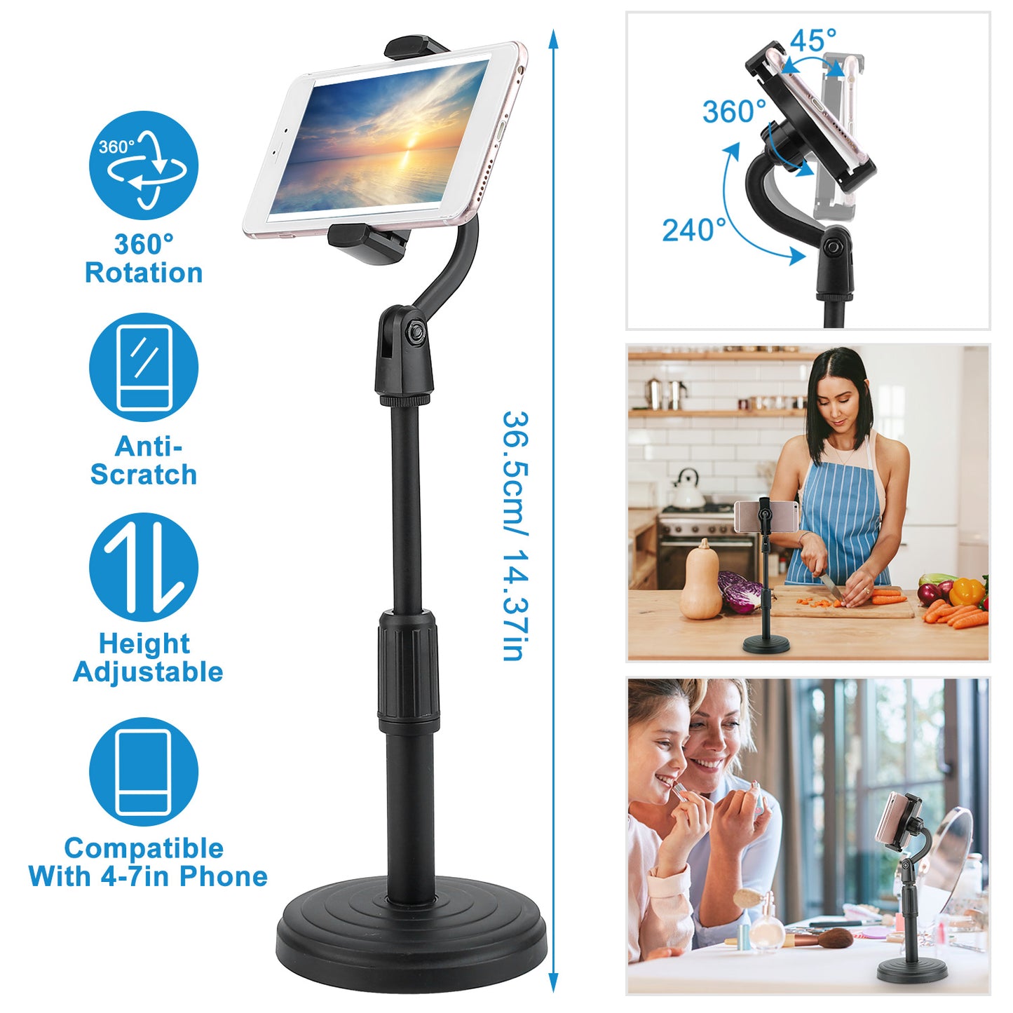 Desktop Phone Stand Angle Height Adjustable Phone Clamp Mount Rotatable Cell Phone Holder For 4-7in Device Selfie Vlog Recording Streaming