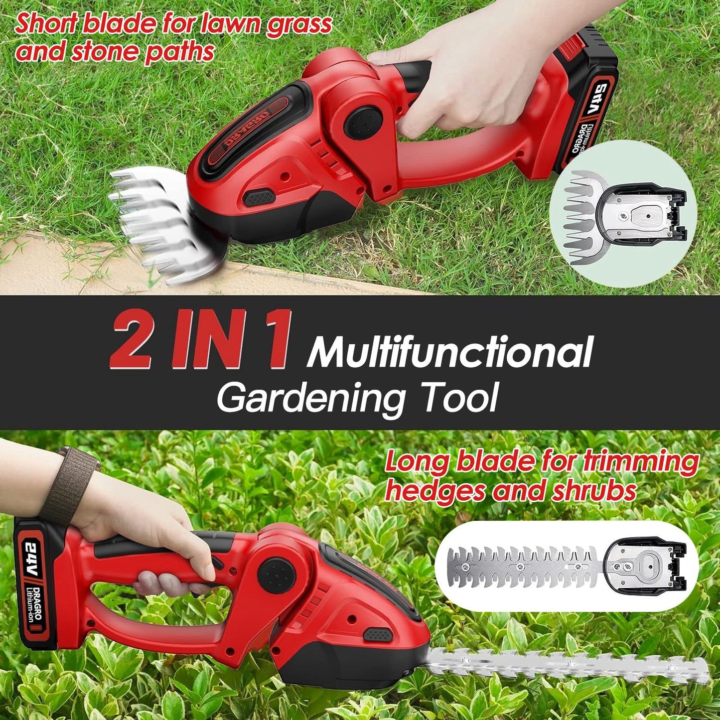 24V Cordless Handheld Grass Shear Hedge Trimmer with 90¡ Cutting Angle 2Pcs Replaceable Blades Electric Shrub Trimmer Hedge Cutter with Detachable Bat