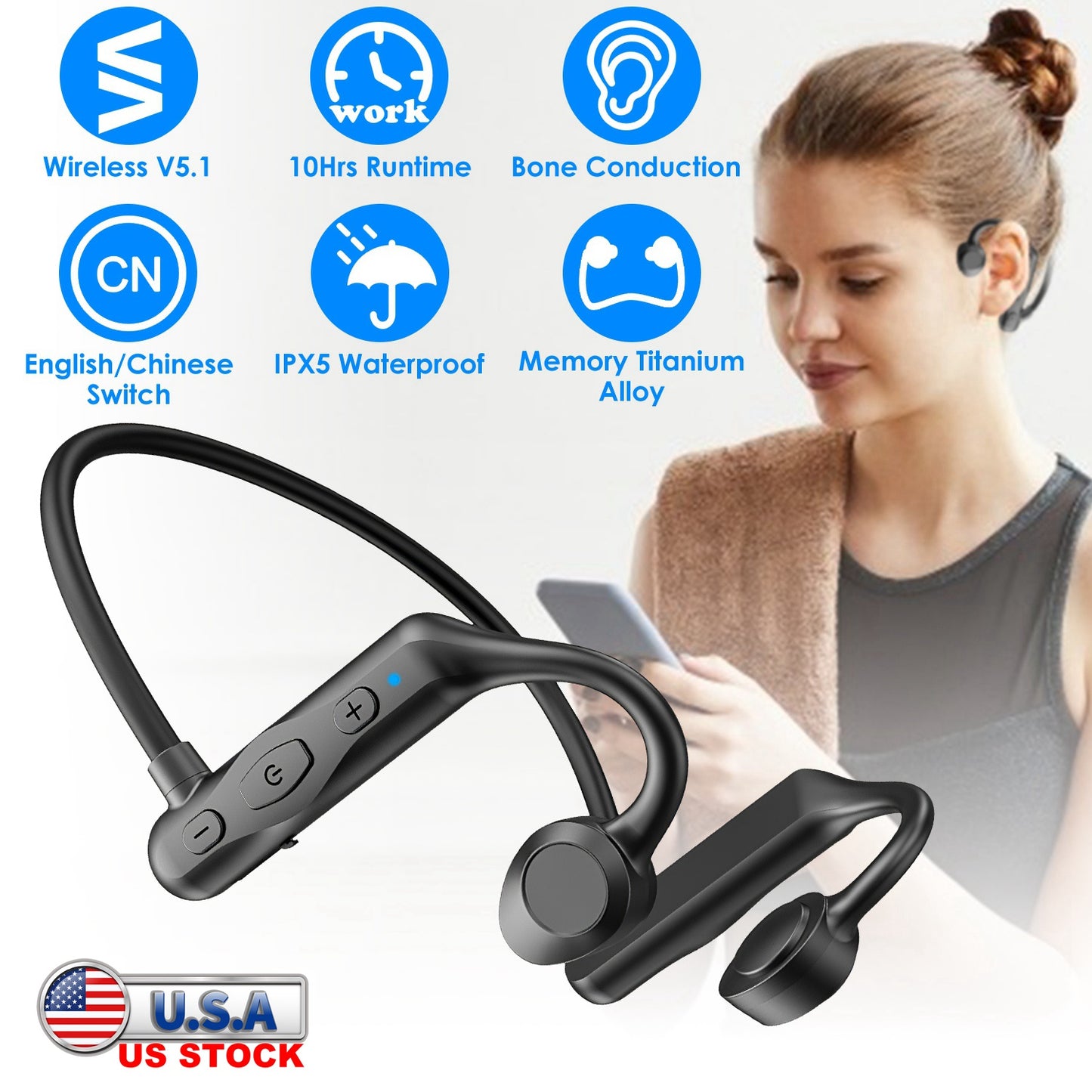IPX5 Waterproof Wireless V5.1 Bone Conduction Earphones Open-Ear Wireless Headsets Music Sport Wireless Open Hook Earphone with Sensitive Mic For Busi