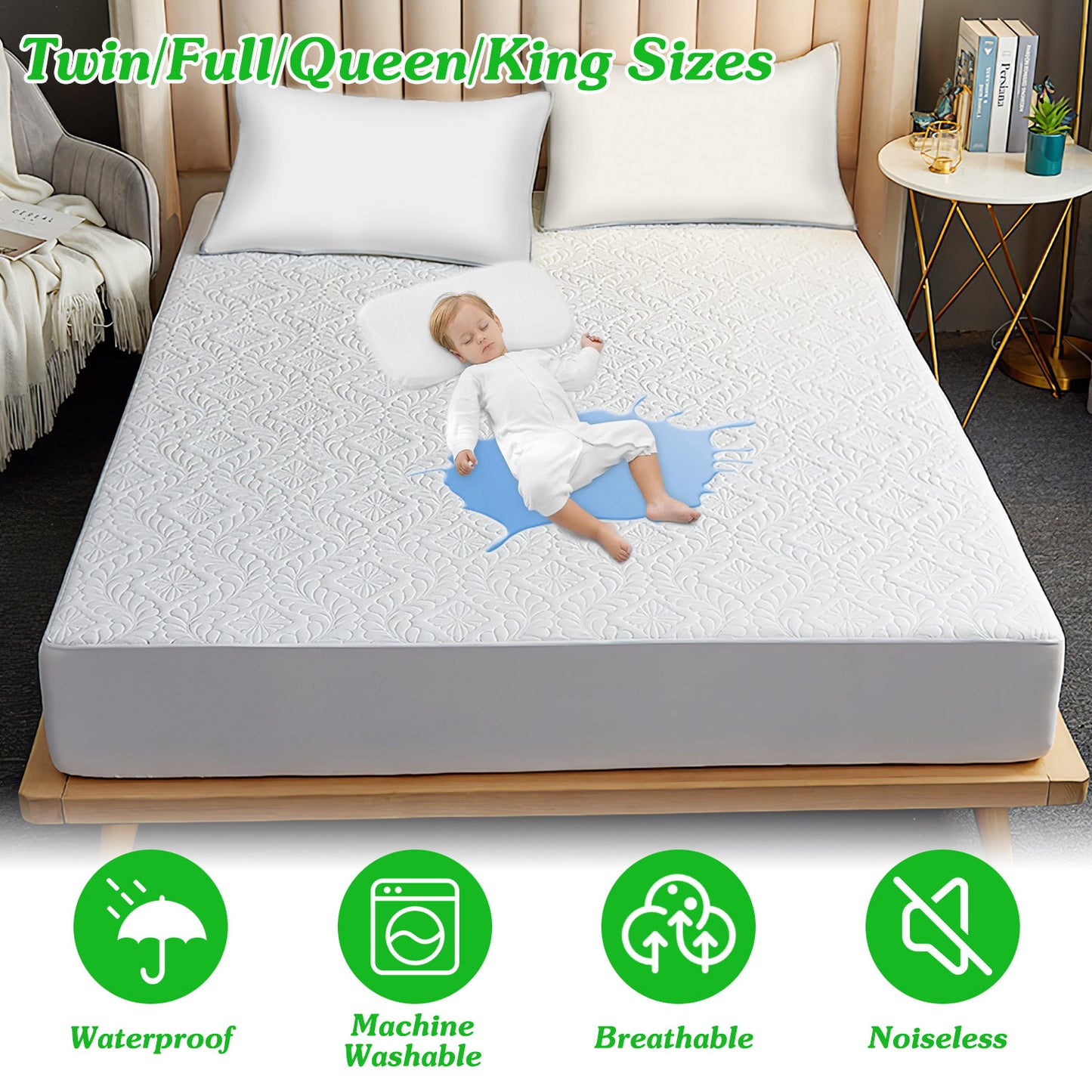Full Size Waterproof Mattress Protector Breathable Soft Cotton Mattress Pad Cover With Elastic Deep Pocket Up To 11in Noiseless Machine Washable Beddi