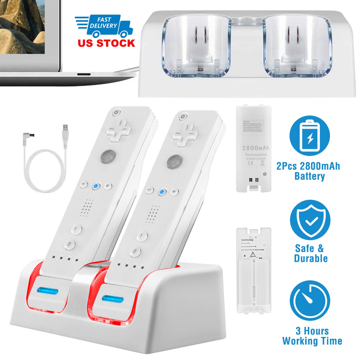 For Wii Remote Controller Charger Dual Charge Dock with Two 2800mAh Rechargeable Batteries