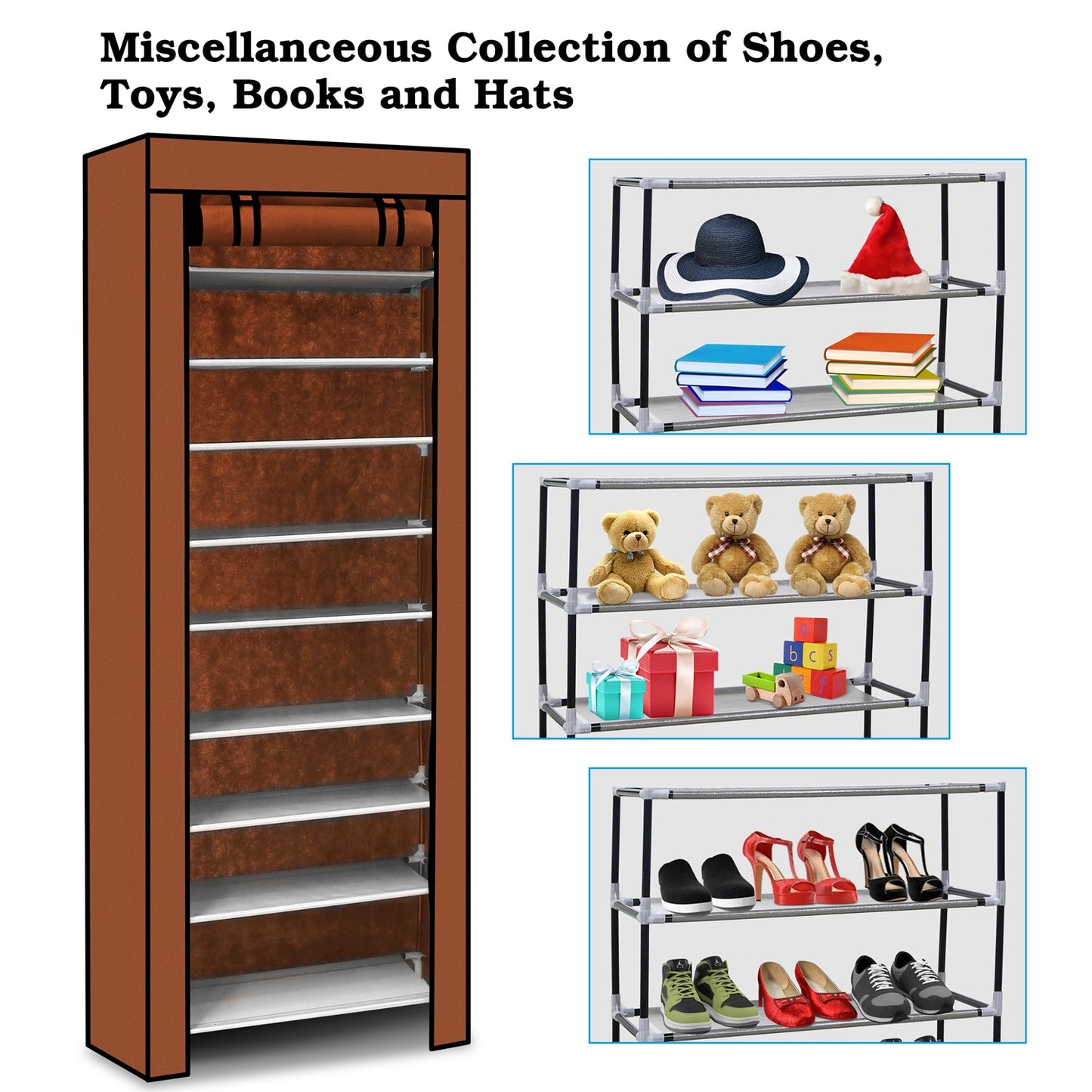 iMounTEK 10 Tiers DIY Shoe Cabinet Dustproof Easy Assemble Tidy Shoe Rack Non-Woven Fabric Holding 27 Pair Shoes Brown