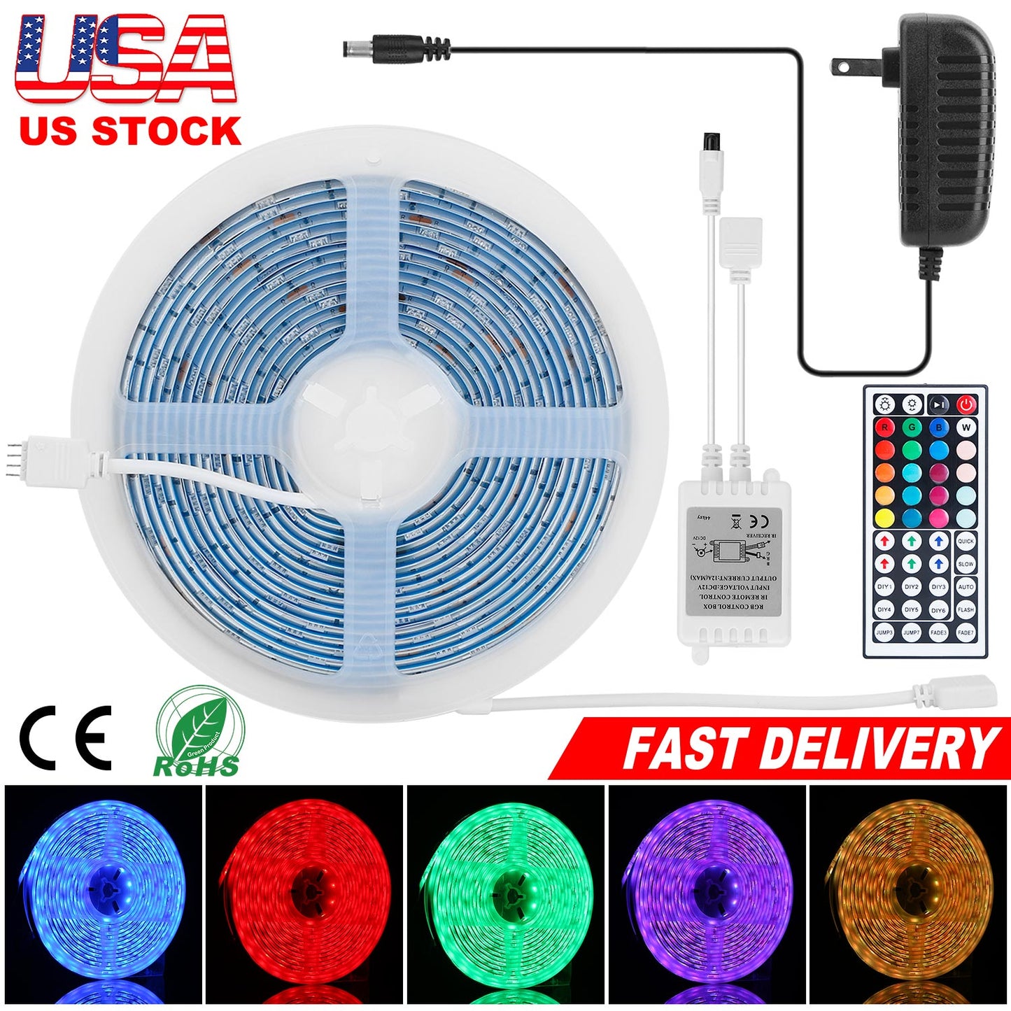 LED Strip Lights 16.4FT 150 LEDs RGB Color Changing Lamp IP65 Waterproof 5050 LED Dimmable LED Decorative Lights DIY Strip Lights w/ IR Remote