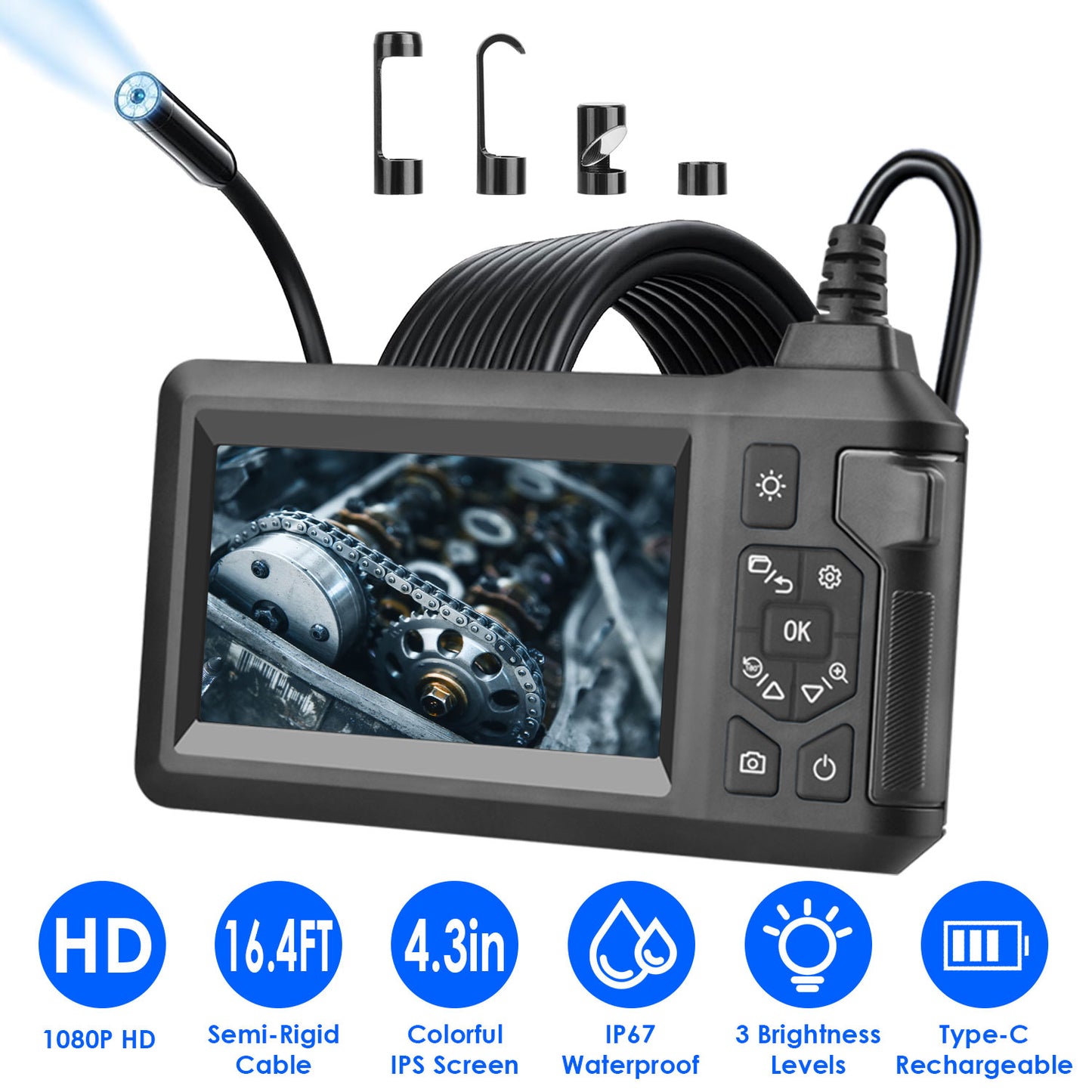1080P Endoscope Camera with 8 LED Light 8mm Borescope Inspection Camera 4.3Ó Colorful Screen IP67 Waterproof 16.4FT Semi-Rigid Cord Handheld Snake Cam
