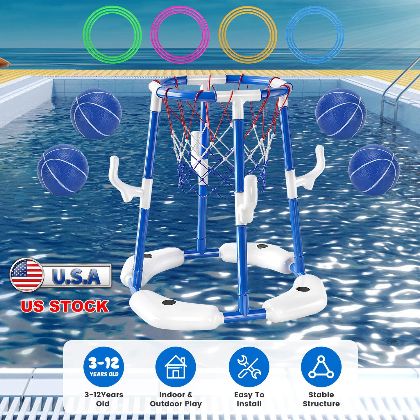 Summer Pool Basketball Hoop Toy Set With 4 Basketballs 4 Circles Pump Floating Swimming Pool Basketball Games Poolside Water Play Toy For 3-12Years Ol