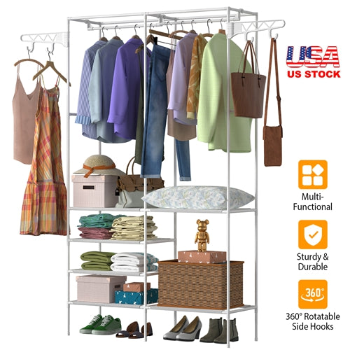 Metal Garment Rack Shoe Clothing Organizer Shelves Freestanding Multifunctional Clothes Wardrobe