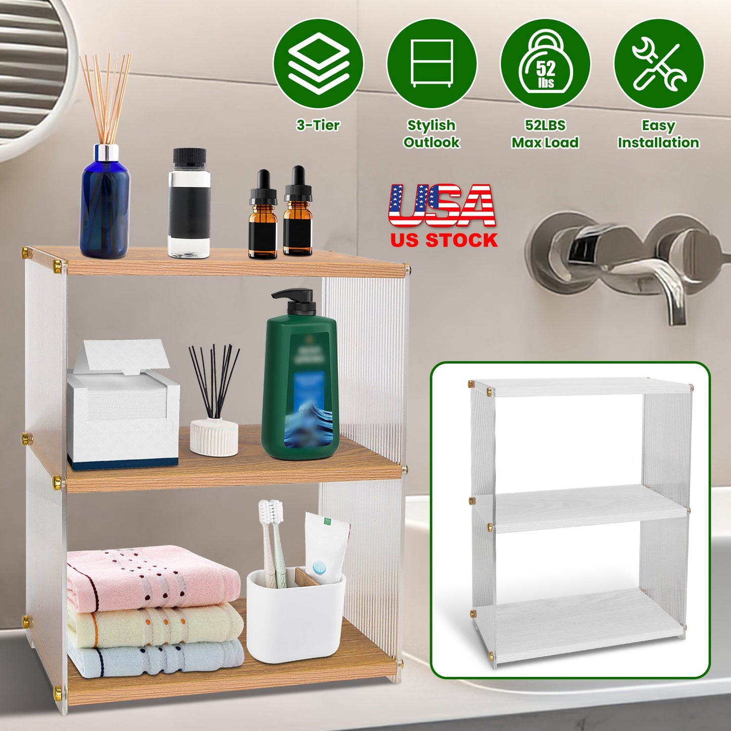 3-Tier Acrylic Countertop Organizer Bathroom Wood Counter Storage Rack Standing Vanity Cosmetics Shelf Cup Holder Desk Display Shelves