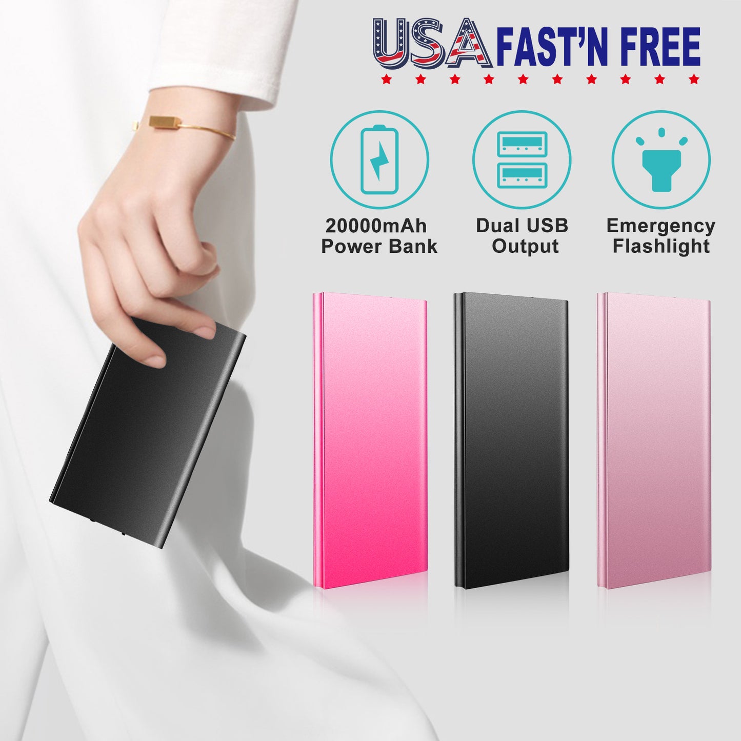 20000mAh Power Bank Ultra-thin External Battery Pack Phone Charger Dual USB Ports