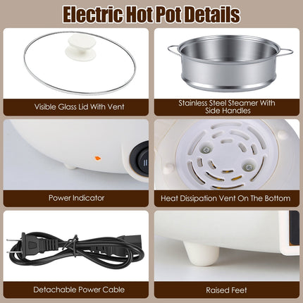 Electric Hot Pot with Steamer 1.8L Dual Power Ceramic Cooker
