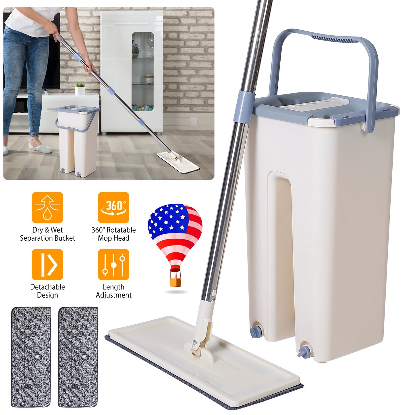 Flat Floor Mop Bucket Set Self Cleaning Wet Dry Usage with 2Pcs Reusable MicrofiberÊMop Pads