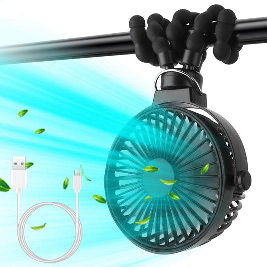 Portable Baby Stroller Fan Rechargeable Handheld Fan with Flexible Tripod Clip On Desktop Hanging Fan 3 Gear Speed 360¡ Tilt Head