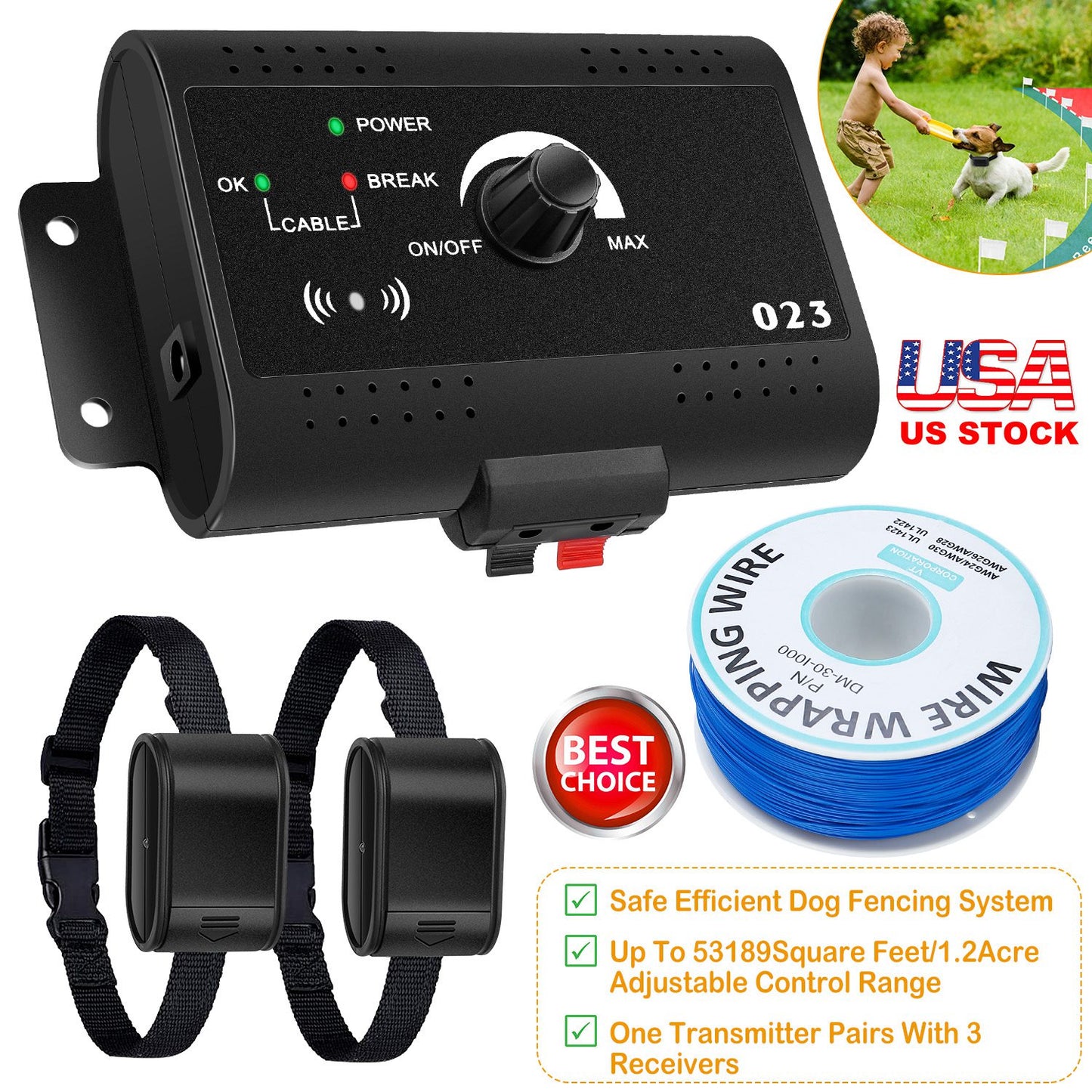 Electric Dog Fence System Pet Tone Shock Boundary Containment Water Resistant Collar Receiver For Small Medium Large Dog