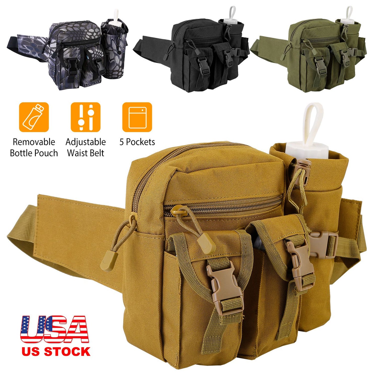 Tactical Waist Bag Utility Pouch Military Hiking Belt Bag w/ Water Bottle Pouch For Fishing Mountaineering Camping Hunting Running Outdoor