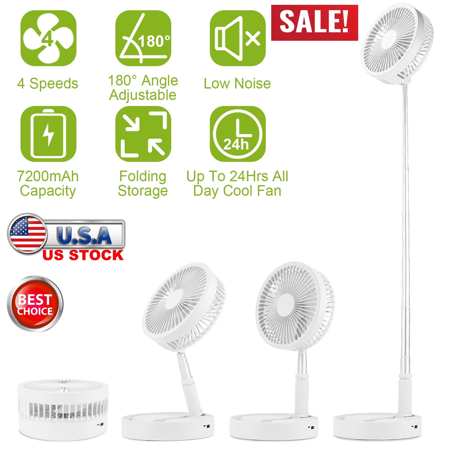 Portable Folding Desk Table Fan Quiet USB Rechargeable Telescopic Standing Floor Fan w/ 4 Speeds Adjustable Height 180¡ Tilting Angle For Office Home